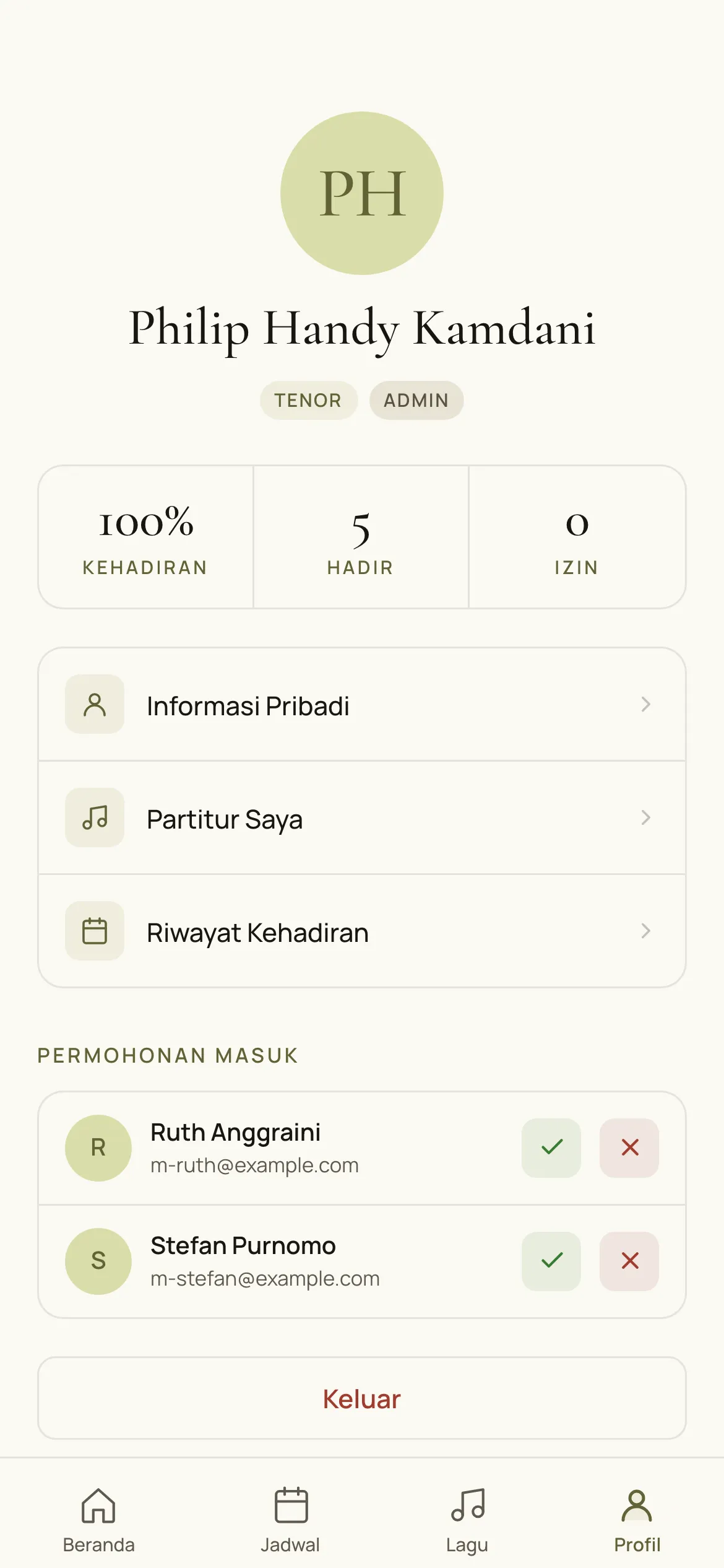 Zaitun profile screen with attendance stats and pending member approvals, sample data