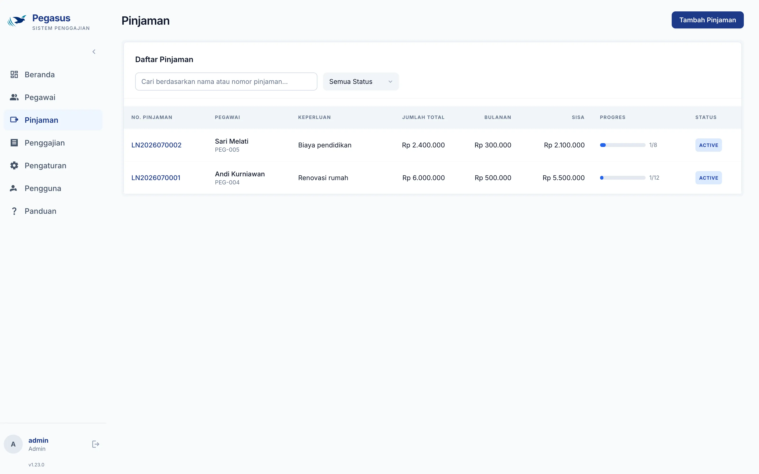 Pegasus loan list with installment progress and remaining balance, sample data